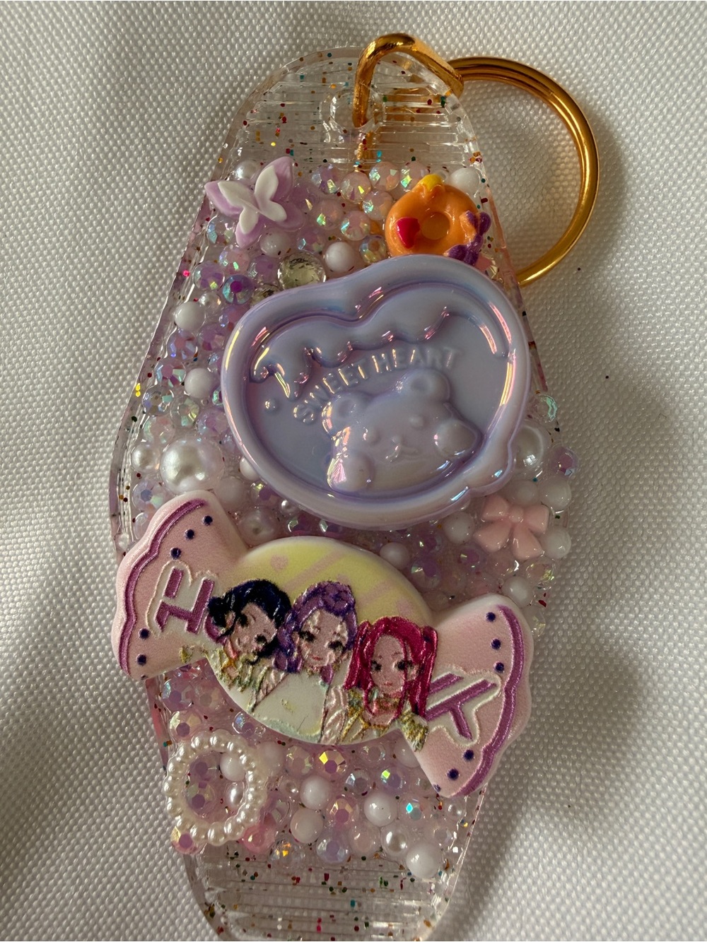 Kids Glitter Pink Pearl K Pop Kawaii Keychain Charm with Pastel Accents
